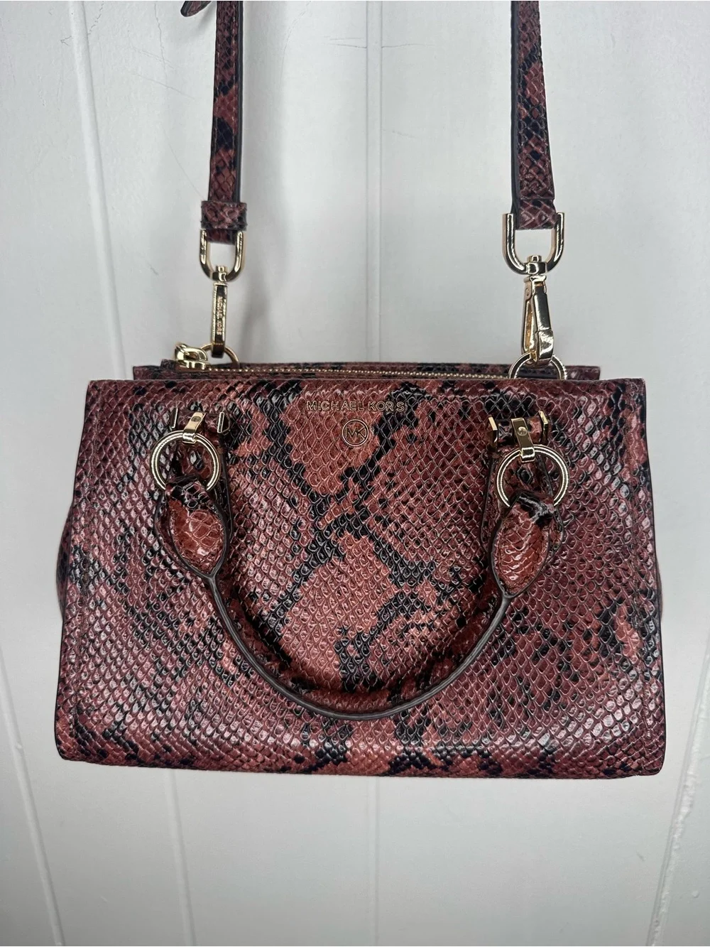 Michael Kors Burgundy Snake-Print Satchel with Gold Hardware